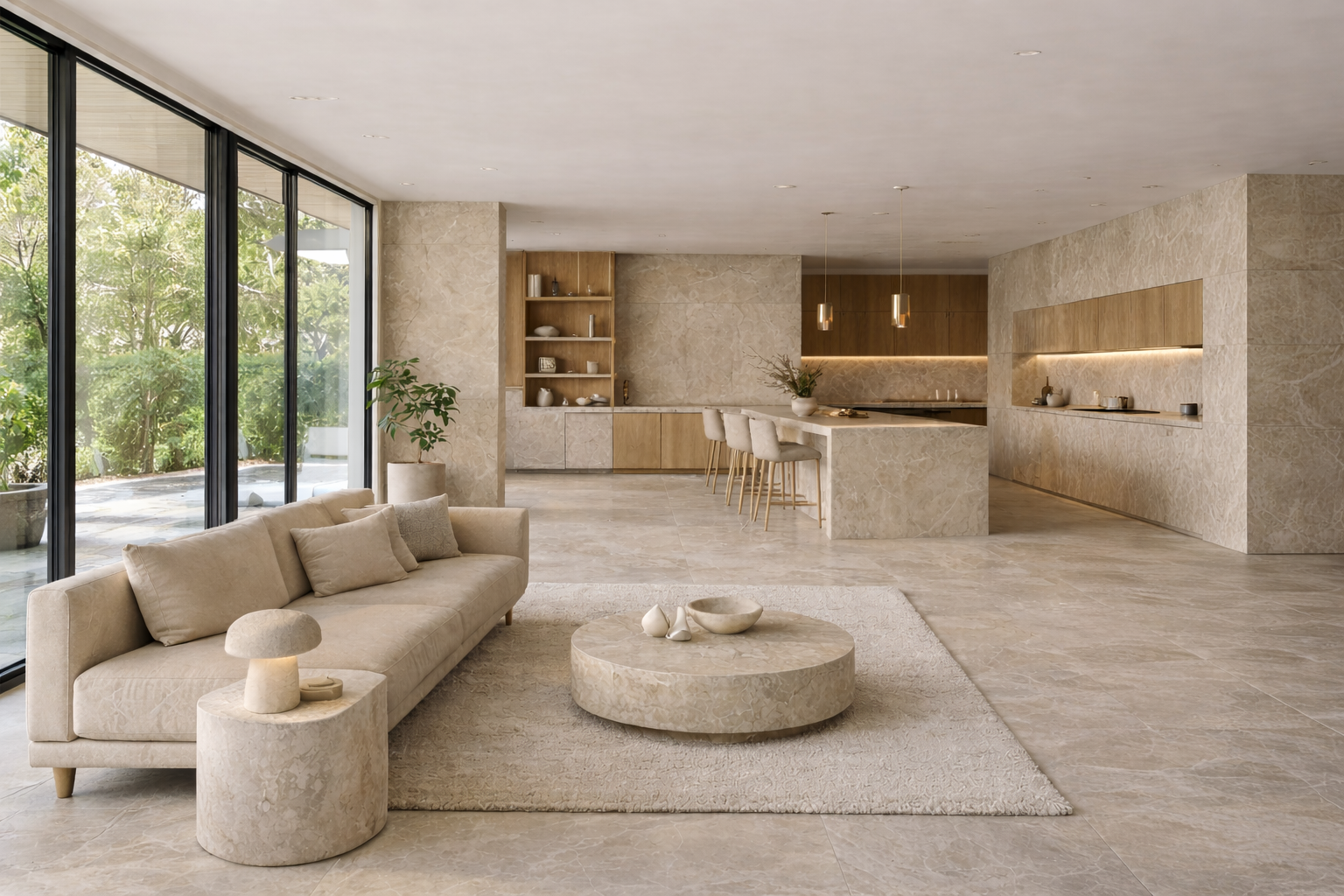 Minimalistisches Wohnzimmer mit Gartenblick und Fliesenboden